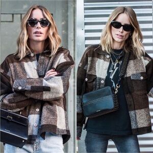 ANINE BING Bobbi Espresso Brown Tan Plaid Flannel Wool Blend Shacket Jacket